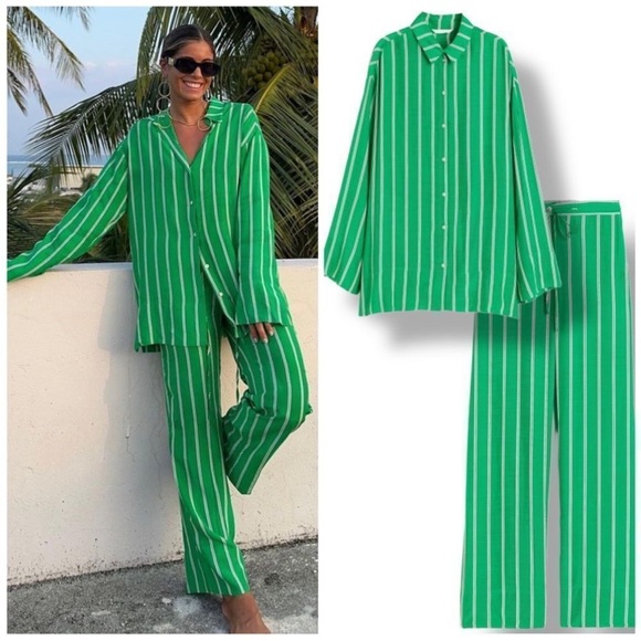 H&M Pants - NWOT H&M Green Striped Set